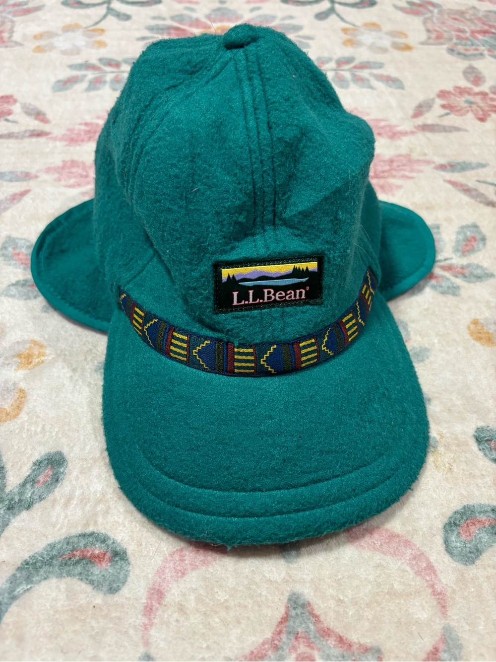 L.L. Bean Fleece Mountain Classic Teal Wool Cap with Patterned Band